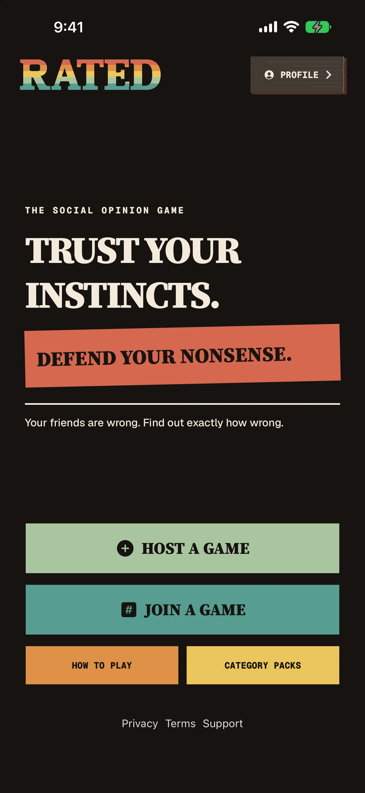 RATED home screen with Host a Game and Join a Game buttons
