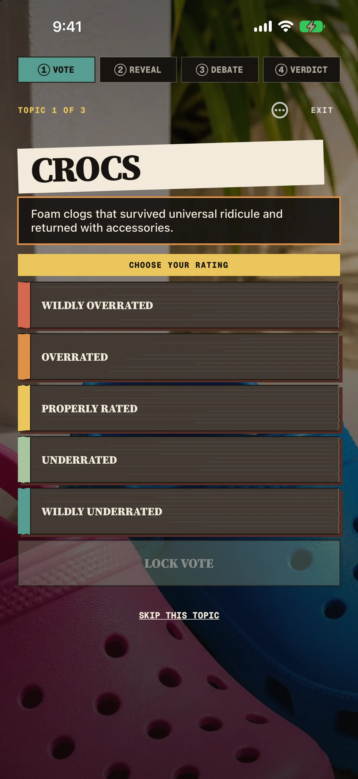 RATED private voting screen for the topic Crocs