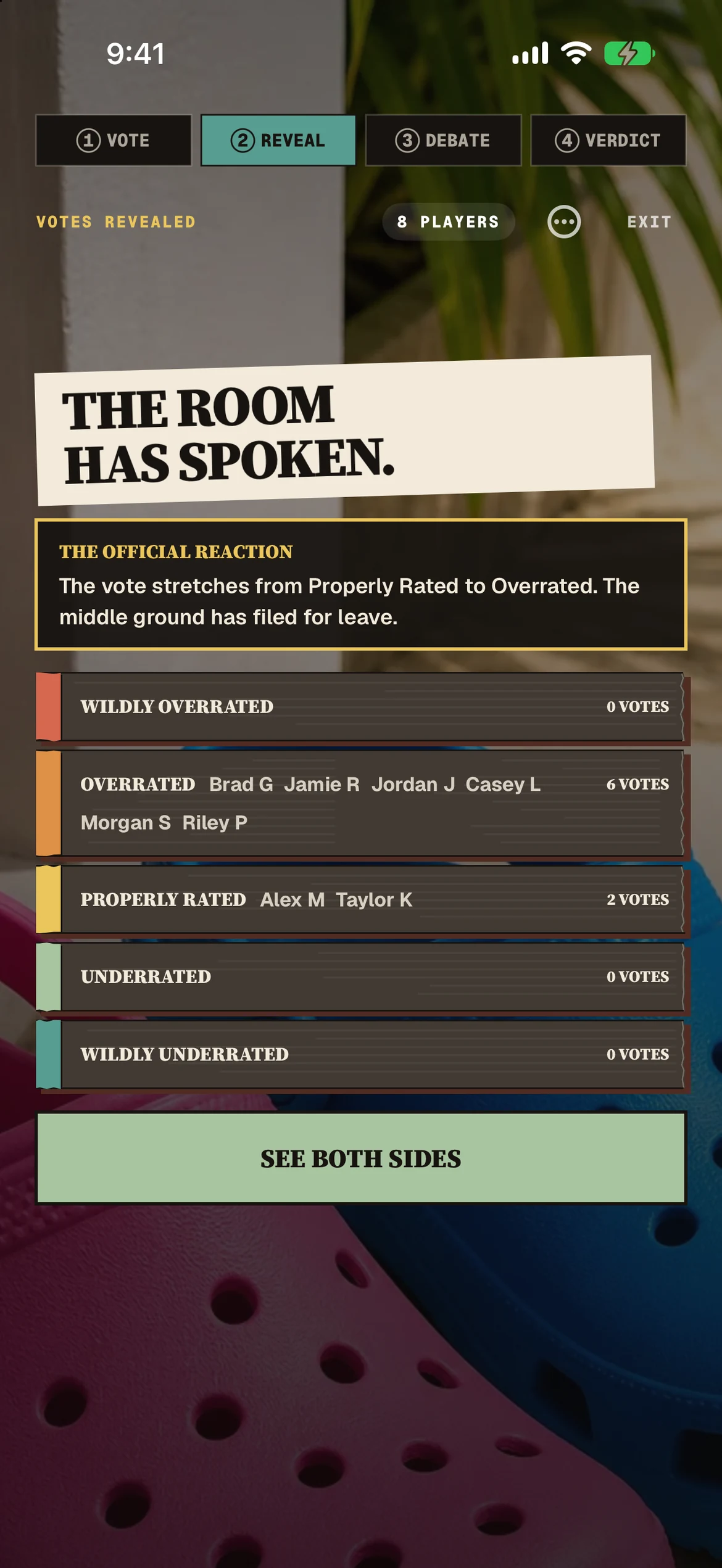 RATED reveal screen showing how eight players voted